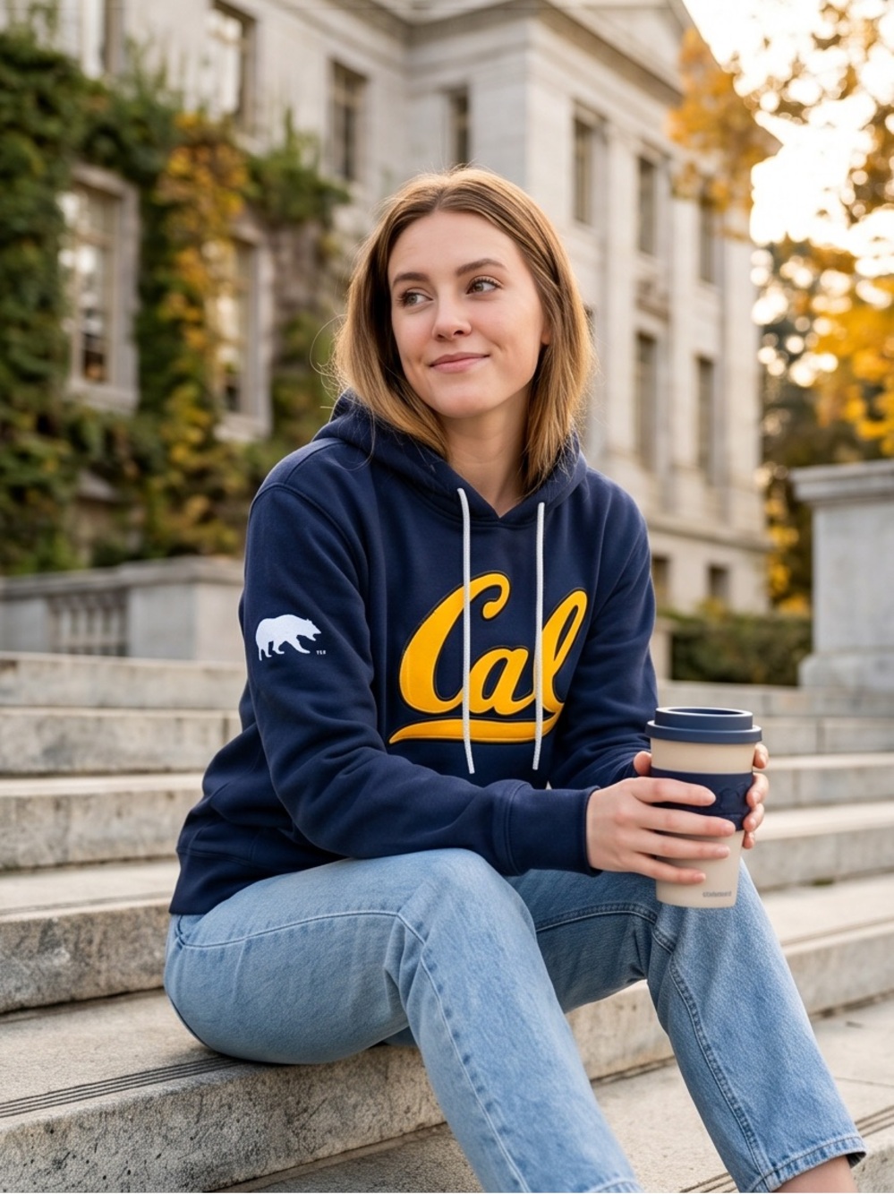 Signature Navy Crewneck Hoodie with Yellow "Cal" Script